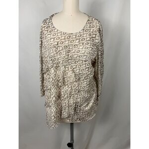 Chico's Size 3 Feminine Ruffle Geometric Tunic Top Brown White 3/4 Sleeve